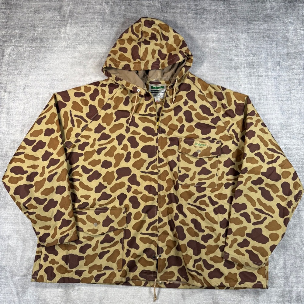 Hodgman Jacket Mens XL Brown Vintage Hunting Duck Camo Hooded Full Zip Parka